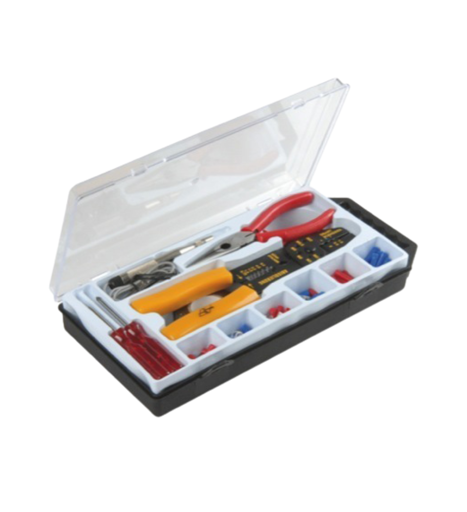 Assortiment de cosses à sertir avec pince à bec, pince à sertir et tournevis